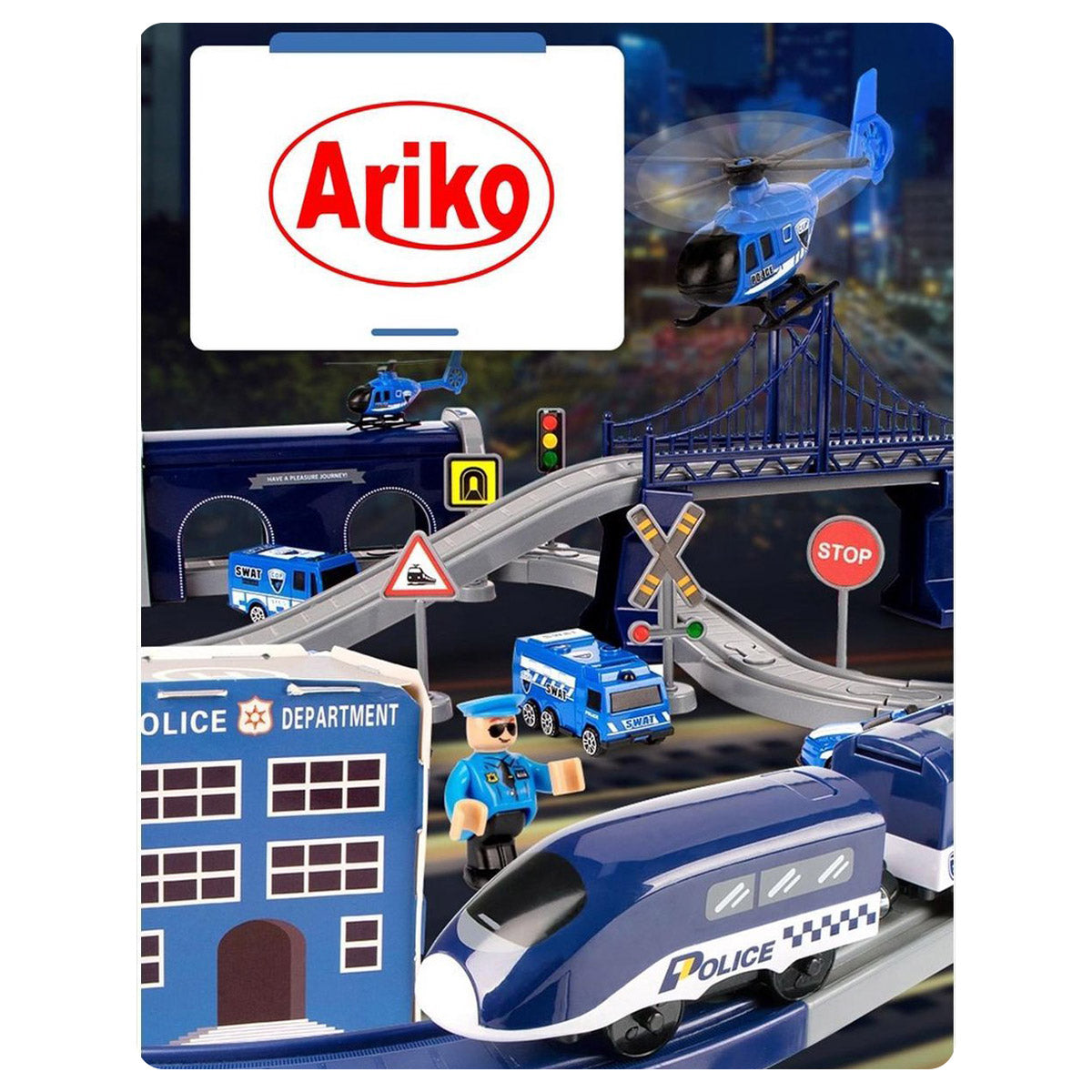 Ariko XXL Elektrische Politie Treinbaan | Racebaan | 92 delig | Politie Stad | 350CM Treinbaan | Met auto's en helikopter | Inclusief 2 x Philips AAA batterijen