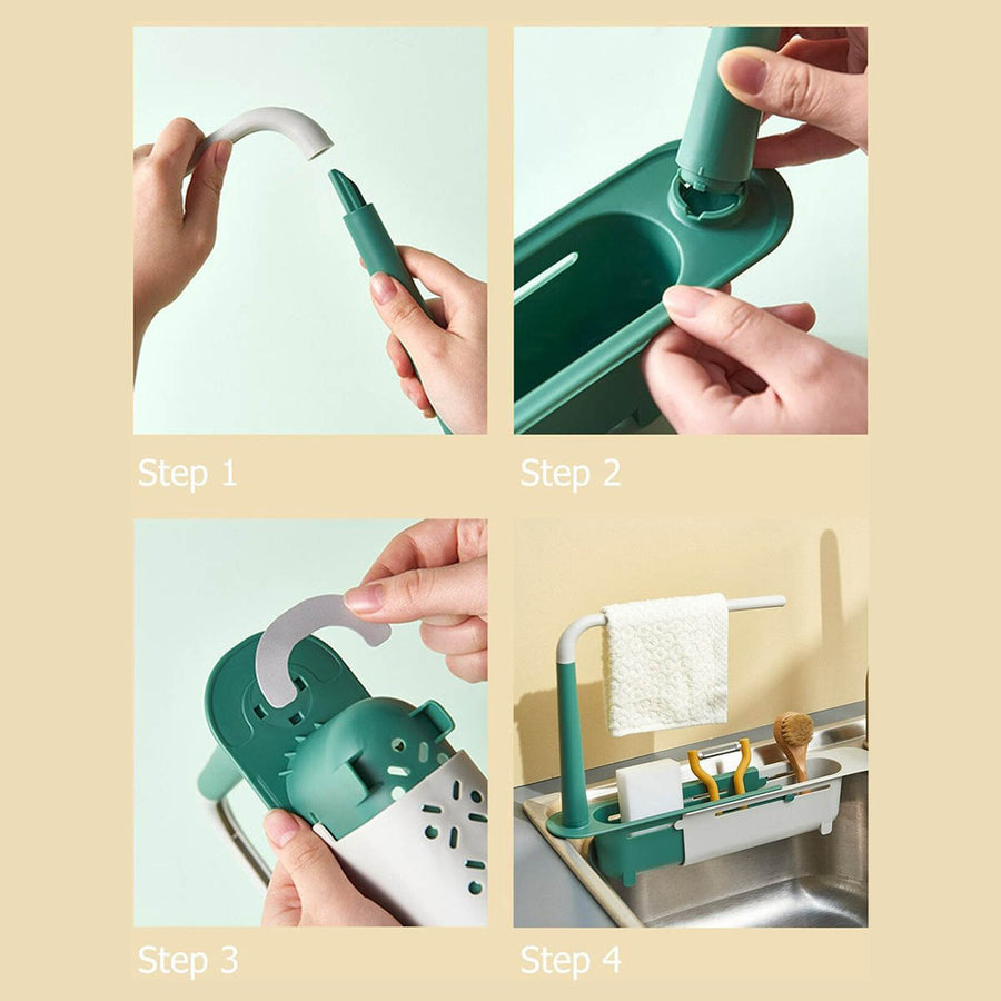 Ariko Gootsteen Organizer - Groen/Wit - Aanrecht Gootsteen bakje - Vaatdoekhouder - Spons Opbergrek - Verstelbaar