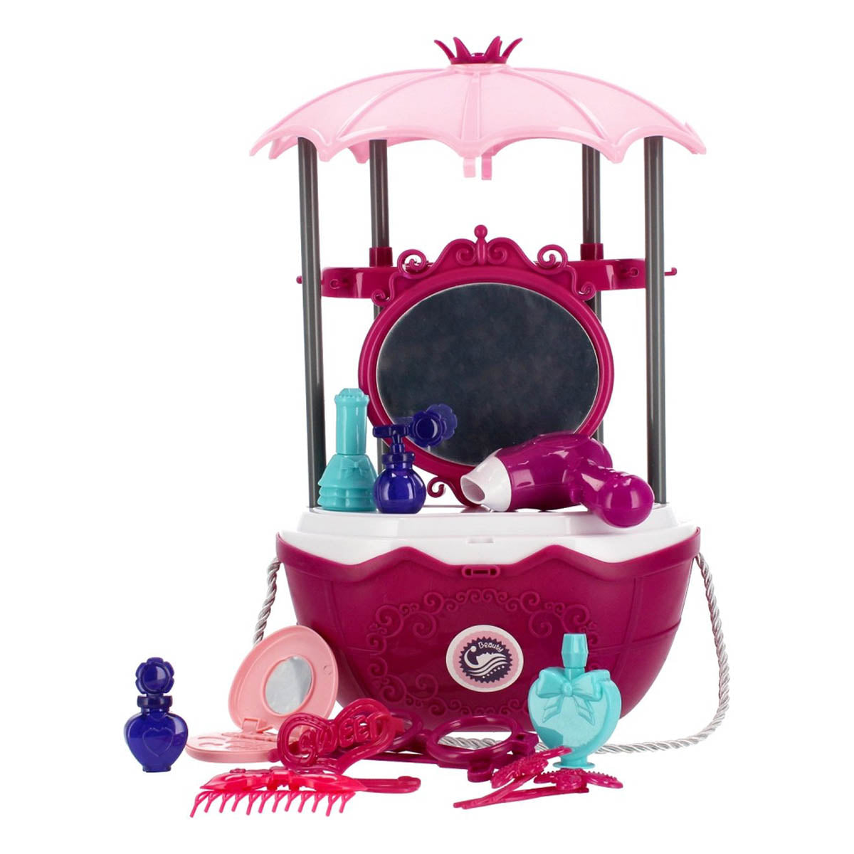 Ariko Speelgoed trolley Schoonheid salon 31 delig - Fohn, spiegel, make-up, parfum en nog veel meer - handige meeneem koffer met wieltjes
