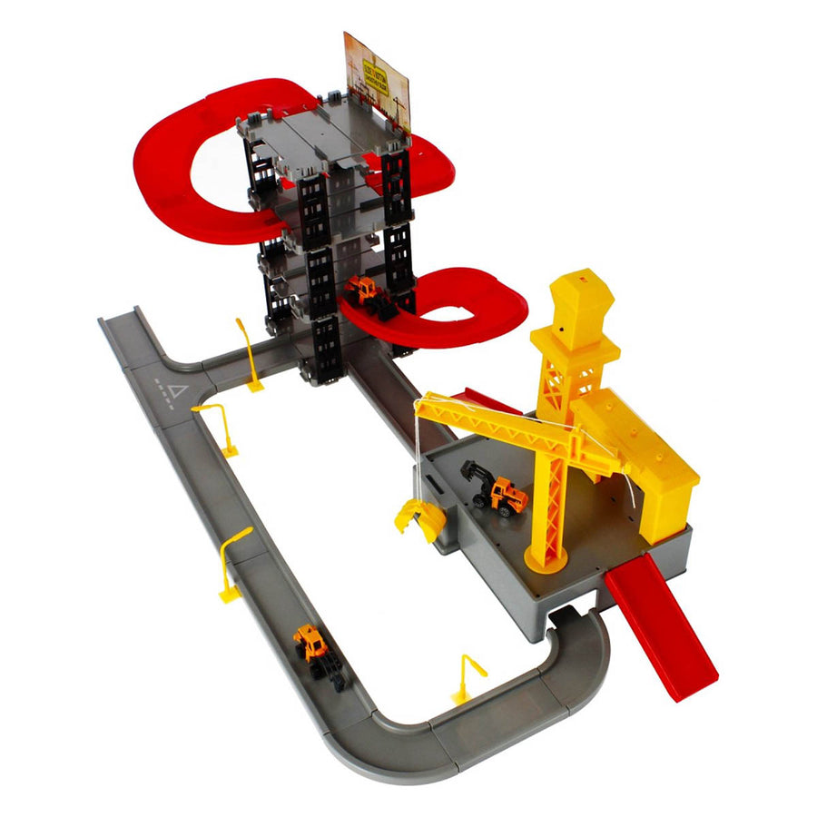 Ariko Parkeergarage met constructie gebouw - met werkende kraan, 5 auto's, 3 bulldozers, diverse verkeersattributen - met licht & geluid - inclusief 3 x Philips AA batterijen