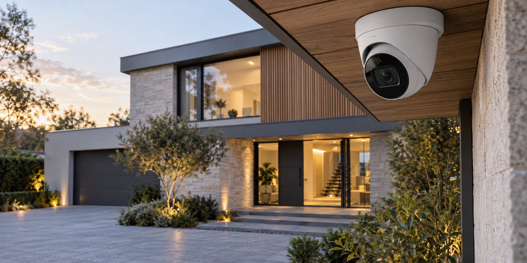 Witte beveiligingscamera onder de overkapping van een moderne woning bij zonsondergang